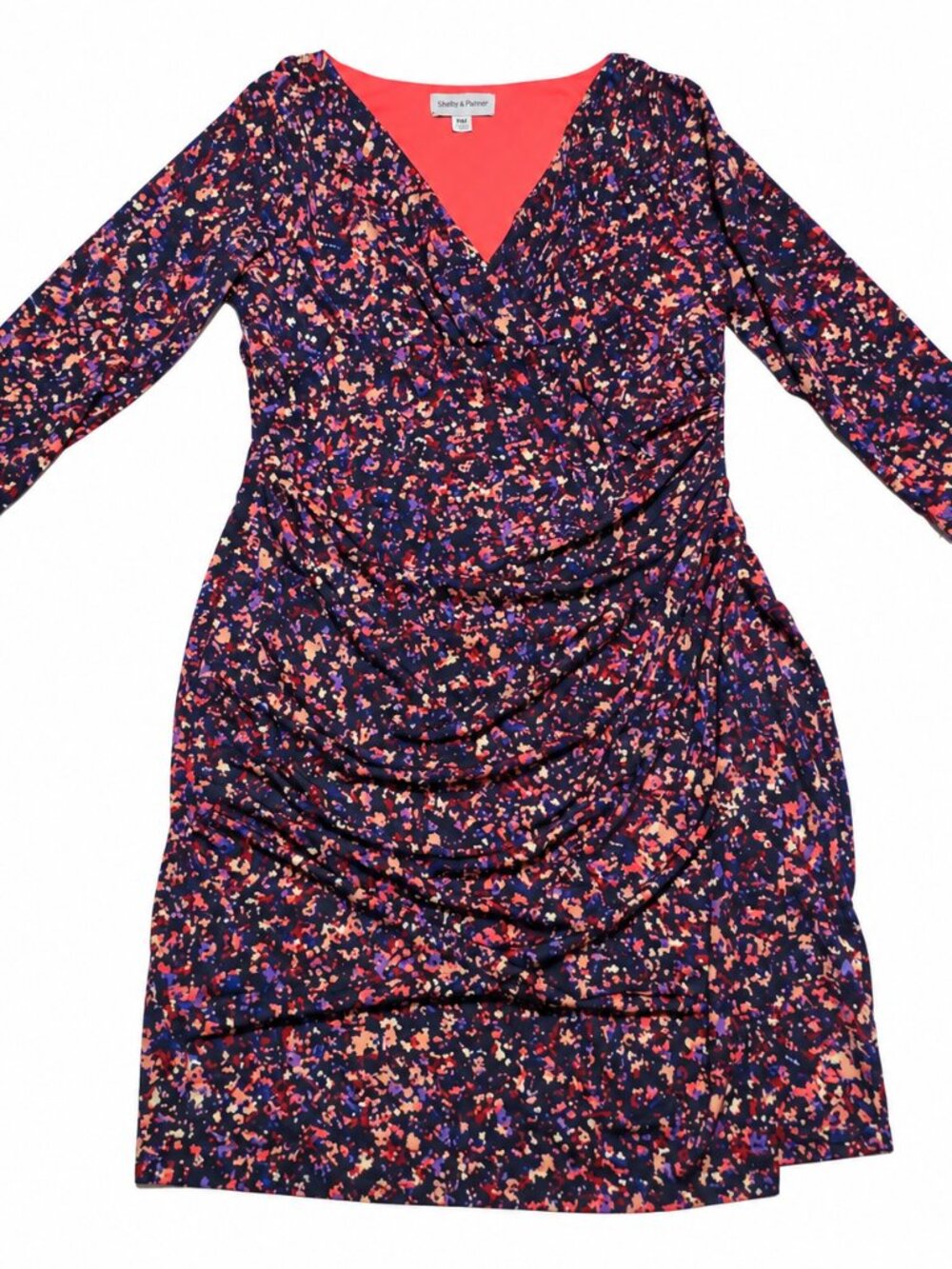 Shelby & Palmer Women's Petite M Navy Abstract Print Ruched Dress V Neck